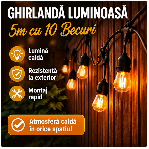 Ghirlanda Luminoasa 5m cu 10 Becuri - Decorare Interioara si Exterior