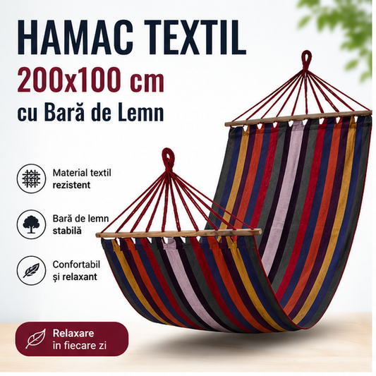 Hamac Textil 200x100 cm cu Bară din Lemn – Multicolor, Confort și Relaxare în Aer Liber