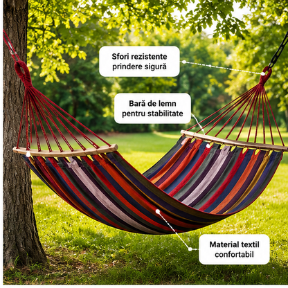 Hamac Textil 200x100 cm cu Bară din Lemn – Multicolor, Confort și Relaxare în Aer Liber