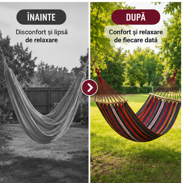 Hamac Textil 200x100 cm cu Bară din Lemn – Multicolor, Confort și Relaxare în Aer Liber