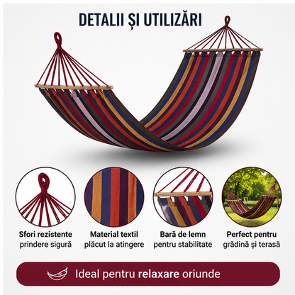 Hamac Textil 200x100 cm cu Bară din Lemn – Multicolor, Confort și Relaxare în Aer Liber