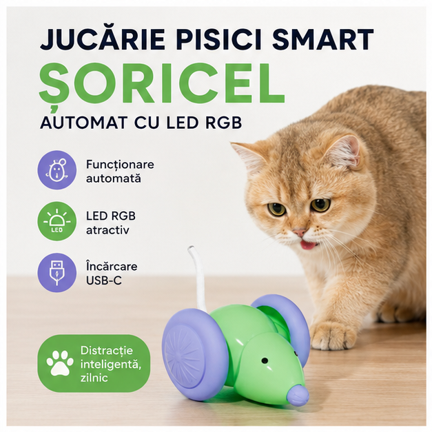 Jucărie Inteligentă pentru Pisici – Șoricel Automat cu LED RGB, Reîncărcabil USB-C