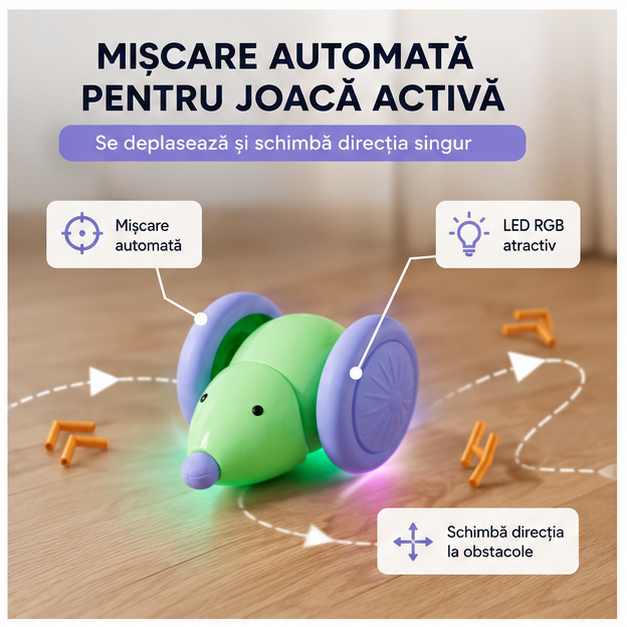 Jucărie Inteligentă pentru Pisici – Șoricel Automat cu LED RGB, Reîncărcabil USB-C