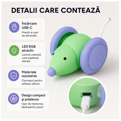 Jucărie Inteligentă pentru Pisici – Șoricel Automat cu LED RGB, Reîncărcabil USB-C