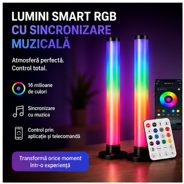 Set 2 Lampi LED Smart RGB cu Sincronizare Muzicală și Wi-Fi