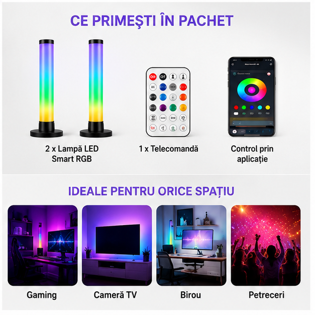 Set 2 Lampi LED Smart RGB cu Sincronizare Muzicală și Wi-Fi
