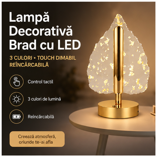 Lampă Decorativă Brad cu LED – 3 Culori, Touch Dimabilă, Reîncărcabilă