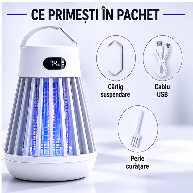 Lampa Antimuste 2 in 1 Portabila Impermeabila Camping Alb