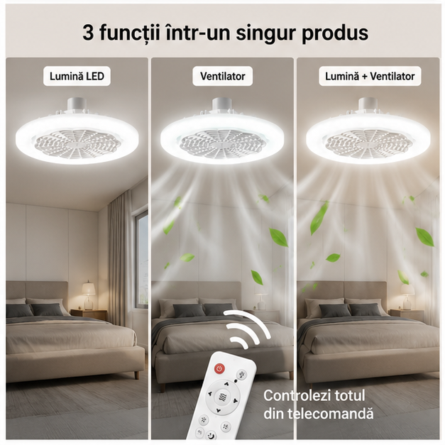 Lampa LED Tavan cu Ventilator și Telecomandă 26 cm