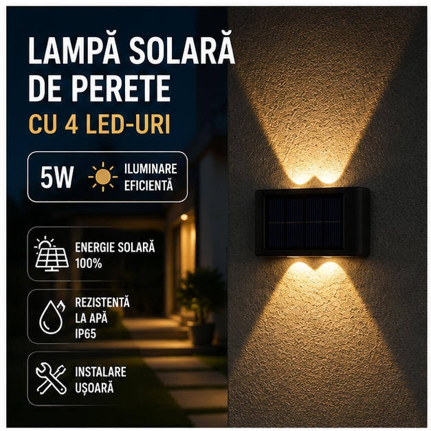 Lampă Solară de Perete cu 4 LED-uri - IP65 - 5W