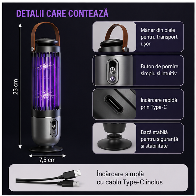 Lampa Anti-Țânțari UV Portabilă cu Încărcare Type-C