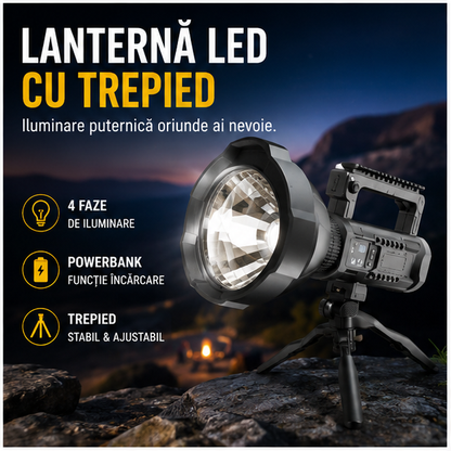 Lanterna LED cu Trepied, 4 Faze Iluminare și Funcție Powerbank