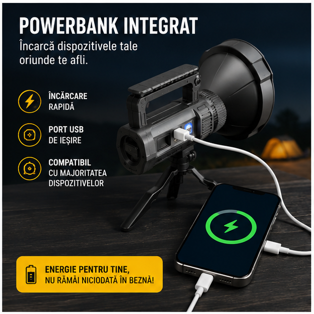 Lanterna LED cu Trepied, 4 Faze Iluminare și Funcție Powerbank
