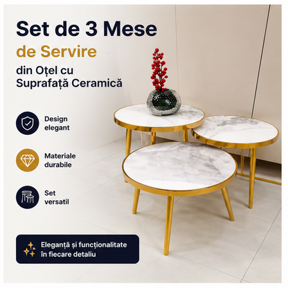 Set de 3 Mese de Servire din Oțel cu Suprafață Ceramică