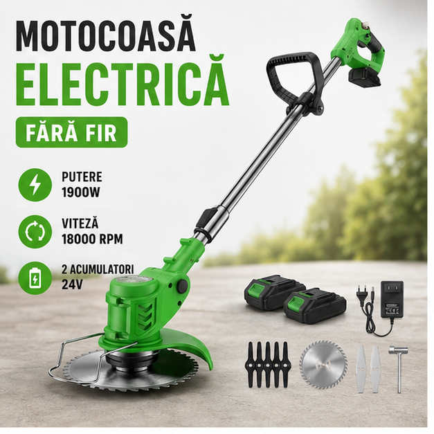 Motocoasă Electrică Fără Fir Novatek 1900W – 2 Acumulatori 24V, 18000 RPM, Set Lame Metal și Plastic