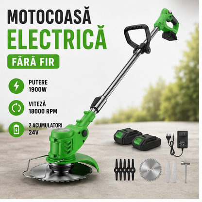 Motocoasă Electrică Fără Fir Novatek 1900W – 2 Acumulatori 24V, 18000 RPM, Set Lame Metal și Plastic