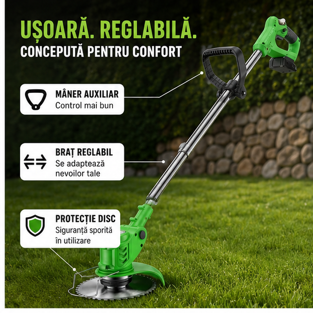 Motocoasă Electrică Fără Fir Novatek 1900W – 2 Acumulatori 24V, 18000 RPM, Set Lame Metal și Plastic