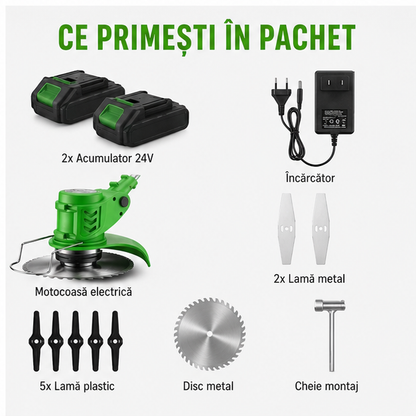 Motocoasă Electrică Fără Fir Novatek 1900W – 2 Acumulatori 24V, 18000 RPM, Set Lame Metal și Plastic