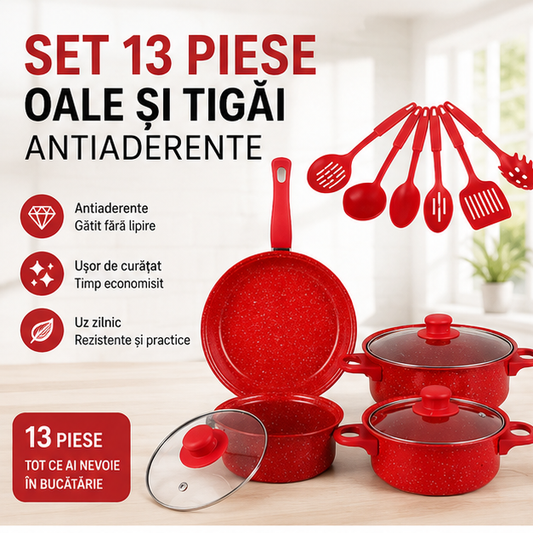 Set 13 Piese Oale și Tigăi Antiaderente – Design Modern, Gătit Rapid și Curățare Ușoară