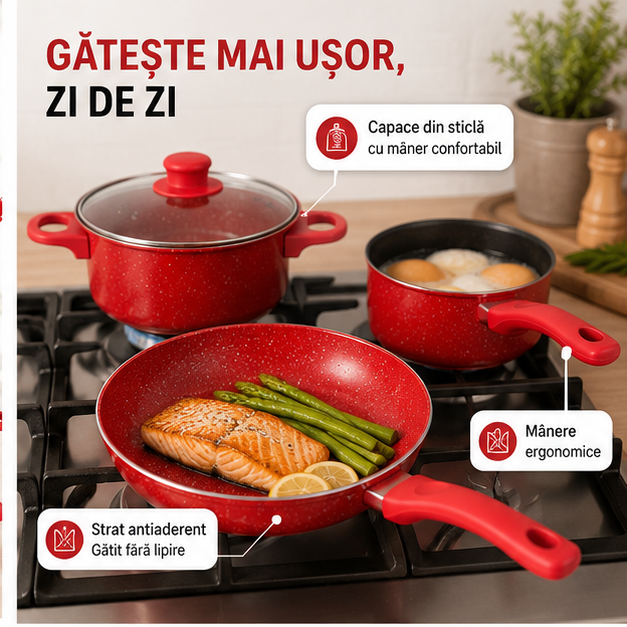 Set 13 Piese Oale și Tigăi Antiaderente – Design Modern, Gătit Rapid și Curățare Ușoară
