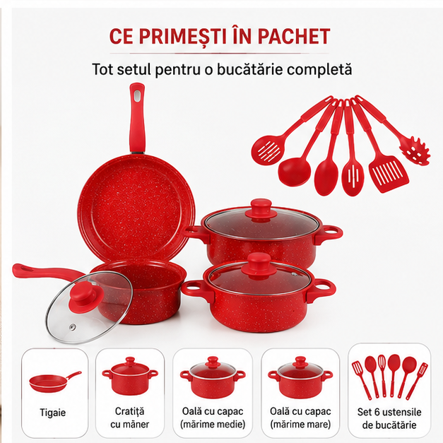 Set 13 Piese Oale și Tigăi Antiaderente – Design Modern, Gătit Rapid și Curățare Ușoară