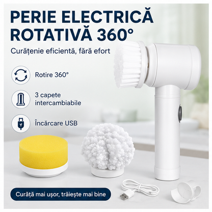 Perie de Curățat Electrică Rotativă 360° – 3 Capete pentru Curățare Rapidă și Eficientă