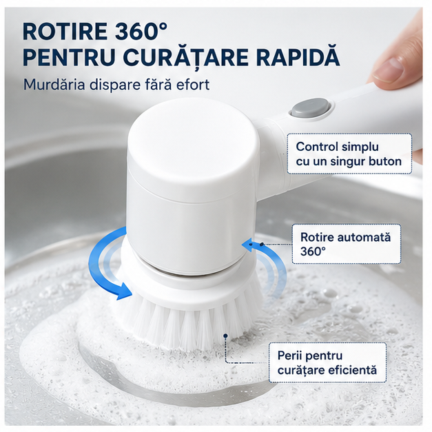 Perie de Curățat Electrică Rotativă 360° – 3 Capete pentru Curățare Rapidă și Eficientă