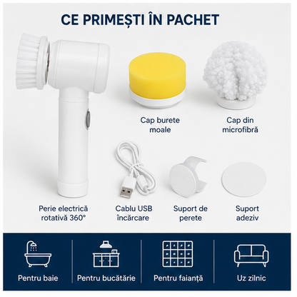 Perie de Curățat Electrică Rotativă 360° – 3 Capete pentru Curățare Rapidă și Eficientă