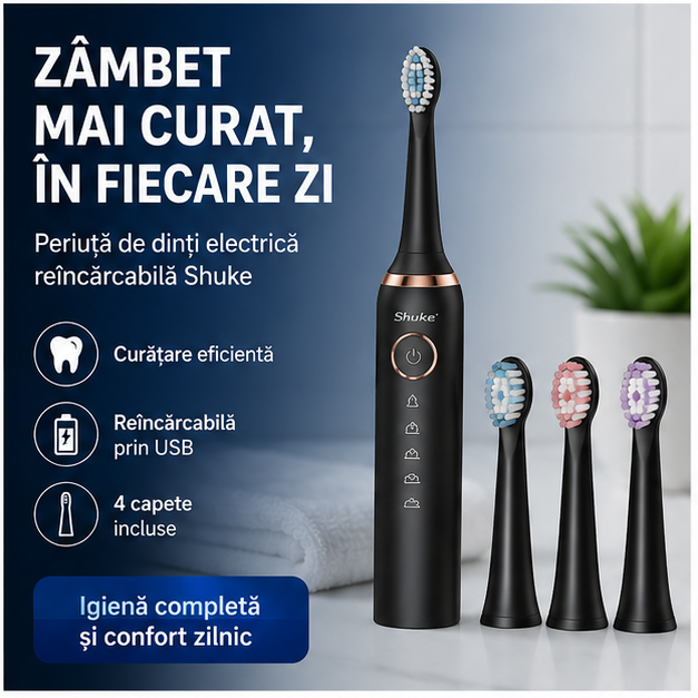 Periuta de dinti electrica reincarcabila Shuke, 4 capete de periere