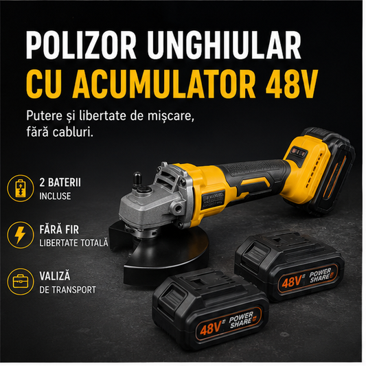 Polizor Unghiular cu Acumulator 48V - 2 Baterii Incluse