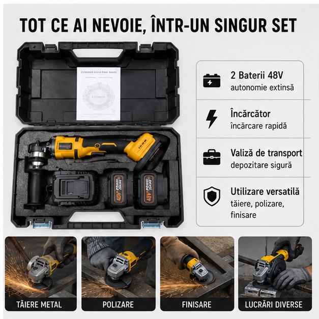 Polizor Unghiular cu Acumulator 48V - 2 Baterii Incluse