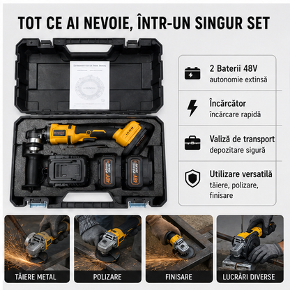 Polizor Unghiular cu Acumulator 48V - 2 Baterii Incluse