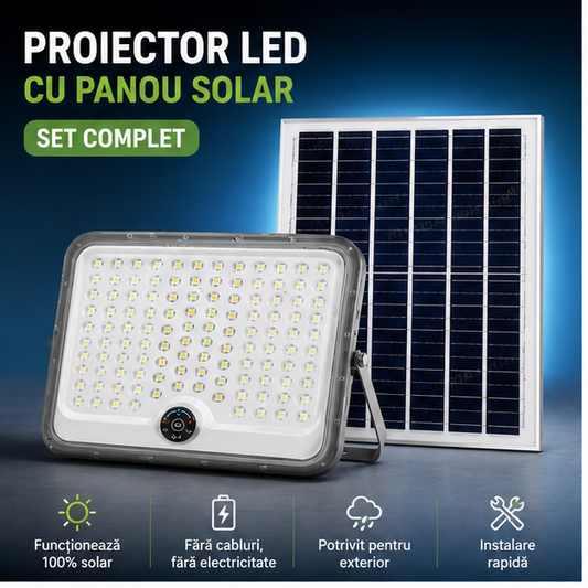 Proiector LED cu Panou Solar 100W - Lampă Portabilă pentru Camping