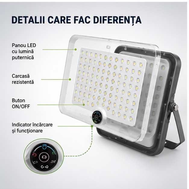 Proiector LED cu Panou Solar 100W - Lampă Portabilă pentru Camping