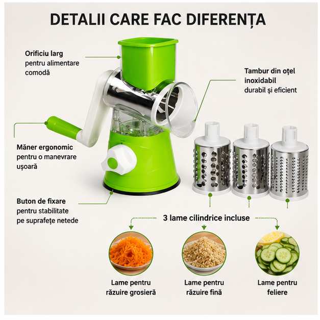 Razatoare Multifunctionala Branza cu 3 Lame Cilindrice Interschimbabile