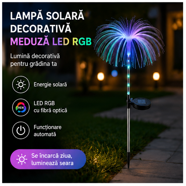 Lampă Solară Decorativă Tip Meduză – LED RGB și Fibră Optică pentru Grădină și Exterior