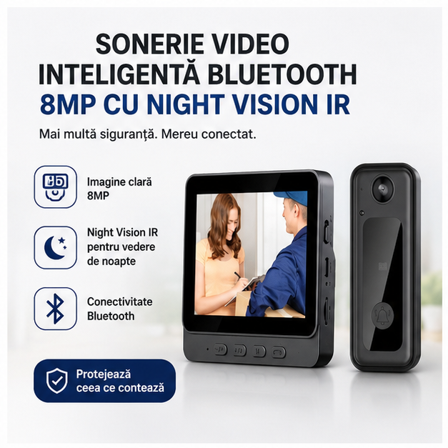 Sonerie Video Inteligentă Bluetooth 8MP cu Night Vision IR – Monitorizare și Siguranță Direct de pe Telefon