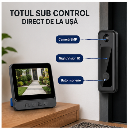 Sonerie Video Inteligentă Bluetooth 8MP cu Night Vision IR – Monitorizare și Siguranță Direct de pe Telefon