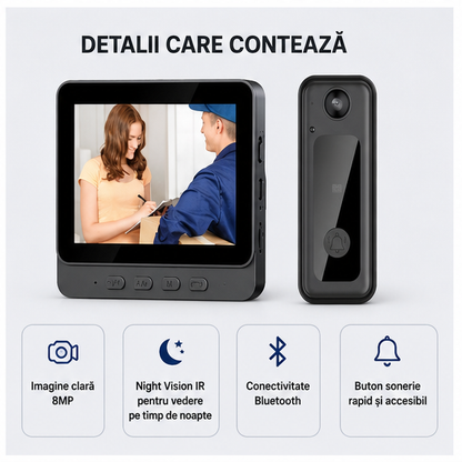 Sonerie Video Inteligentă Bluetooth 8MP cu Night Vision IR – Monitorizare și Siguranță Direct de pe Telefon