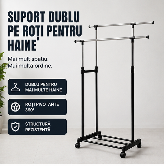 Suport Dublu pe Roți pentru Haine – Oțel Inoxidabil, 150 cm, Organizare Practică și Modernă