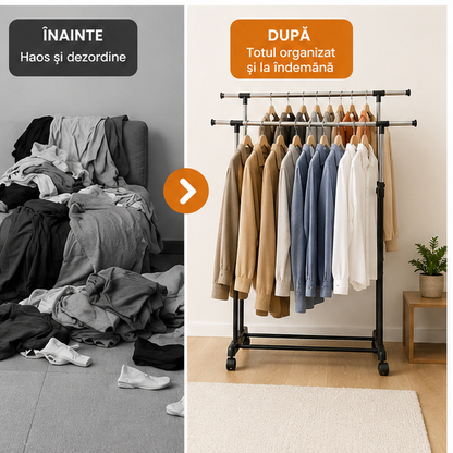 Suport Dublu pe Roți pentru Haine – Oțel Inoxidabil, 150 cm, Organizare Practică și Modernă