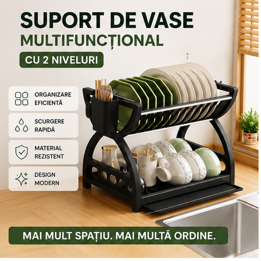 Suport de vase multifuncțional cu 2 niveluri și tavă de scurgere