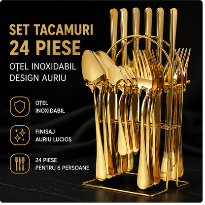 Set Tacamuri 24 Piese Otel Inoxidabil cu Suport, Design Auriu