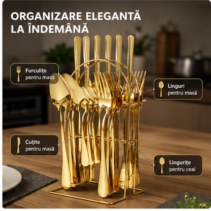 Set Tacamuri 24 Piese Otel Inoxidabil cu Suport, Design Auriu