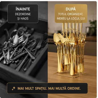 Set Tacamuri 24 Piese Otel Inoxidabil cu Suport, Design Auriu