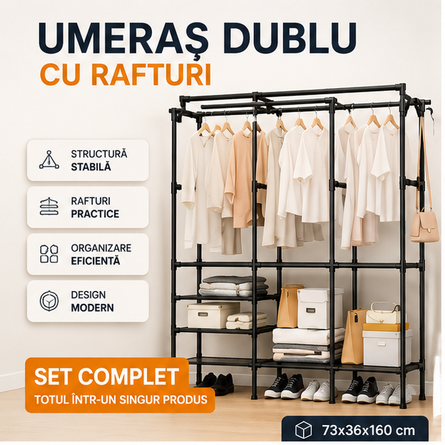 Umeras Dublu cu Rafturi 73x36x160 cm - Organizare Eficienta