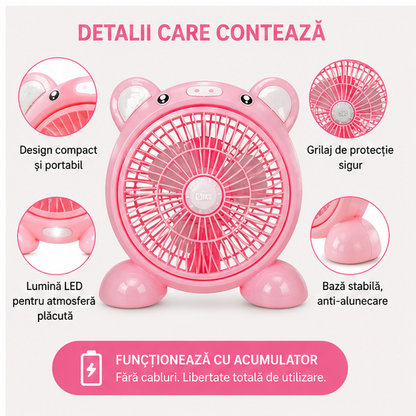 Ventilator cu Acumulator, Abur Rotativ Dublu și Lumină LED