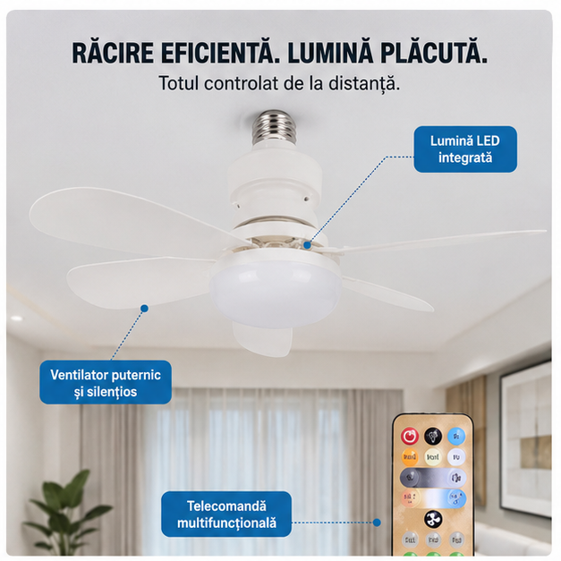 Ventilator de Tavan cu LED și Control de la Distanță – 52 cm, Iluminare Modernă și Răcire Eficientă