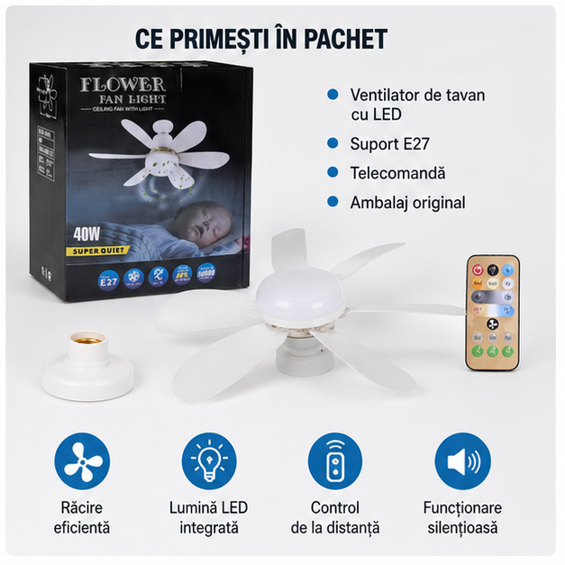 Ventilator de Tavan cu LED și Control de la Distanță – 52 cm, Iluminare Modernă și Răcire Eficientă