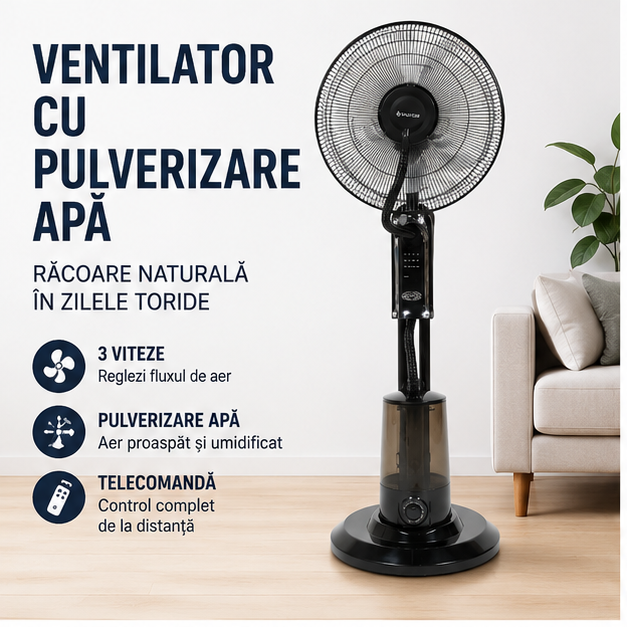 Ventilator cu Pulverizare Apă 75W – 3 Viteze, Telecomandă și Răcorire Eficientă